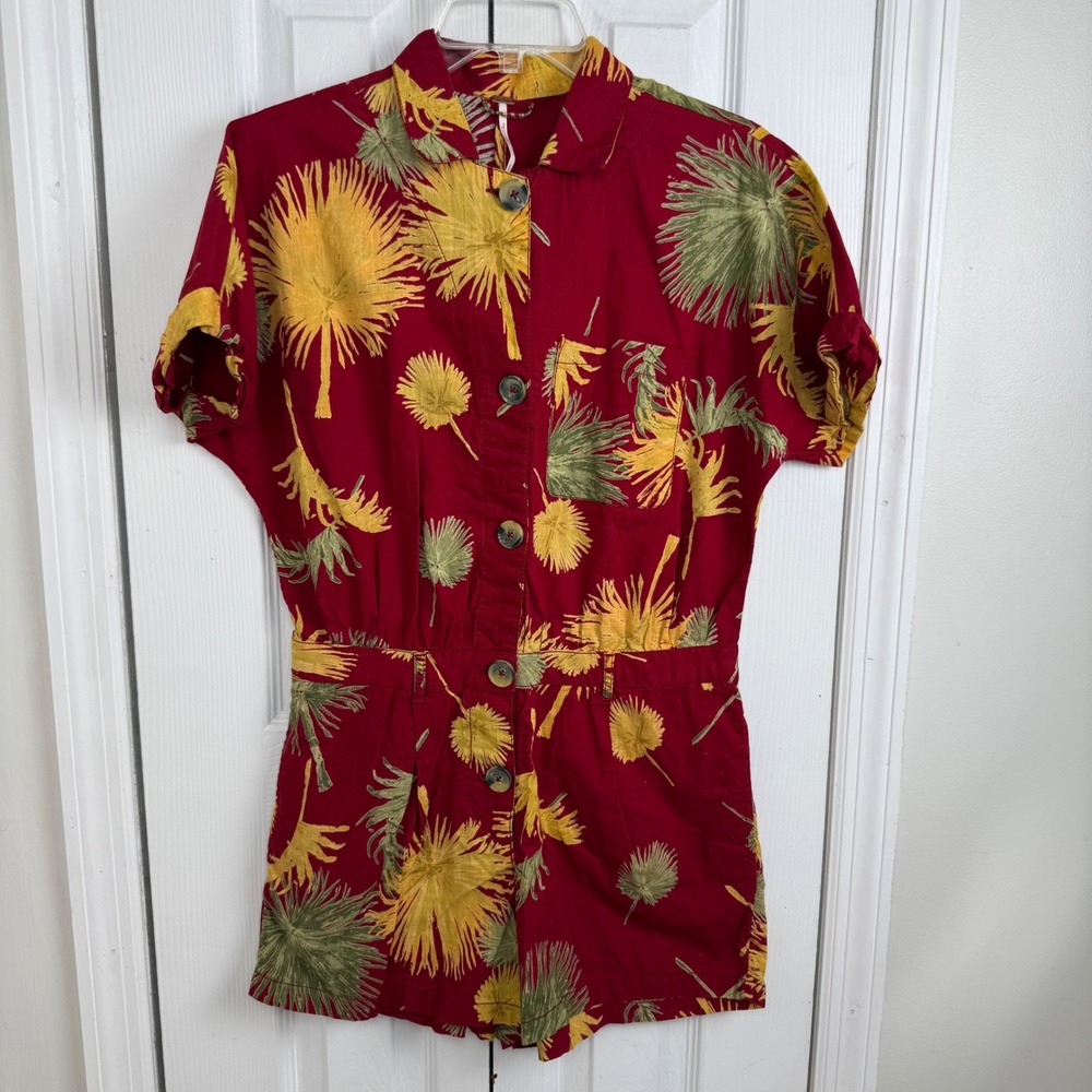 Free People Romper Red Tropical Palm Print Button Front XS Boho Summer